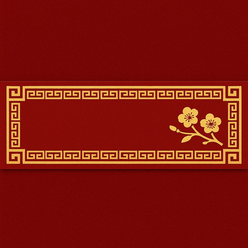 eastern style plaque for post signature, very wide and low long horizontal rectangle, only red and gold colors, with traditional Chinese pattern, minimal peach blossom accent, no text, 900x180px emoji