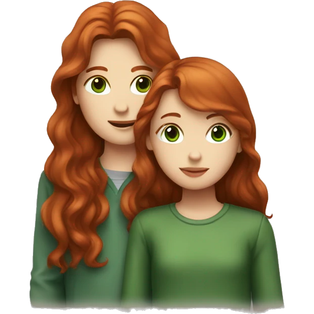 Redhead girl with brown eyes kissing boy with long brown hair and green eyes emoji