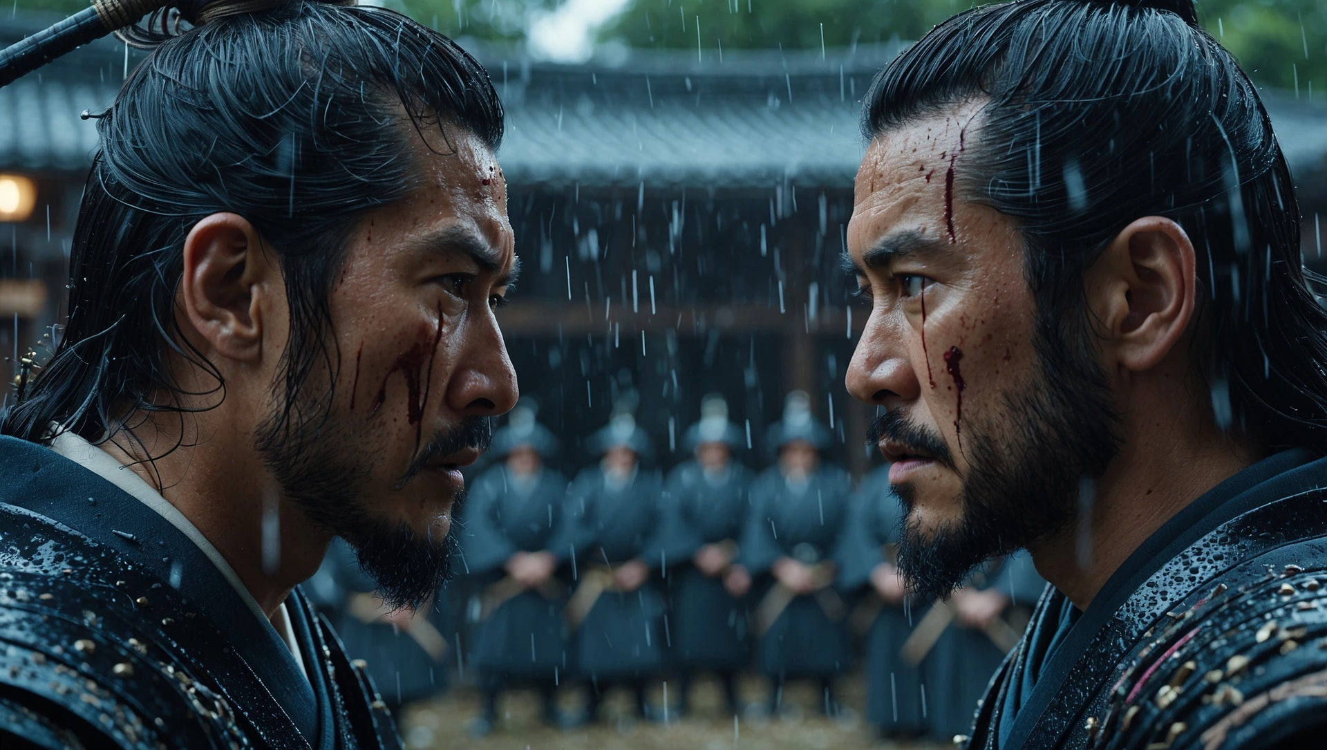 A cinematic scane from 1185, Wide shot of a two japan samurai face to face ready to fight during rain, deph composition, tense atmosphere, captured by by arri alexa, film directed by wes anderson emoji