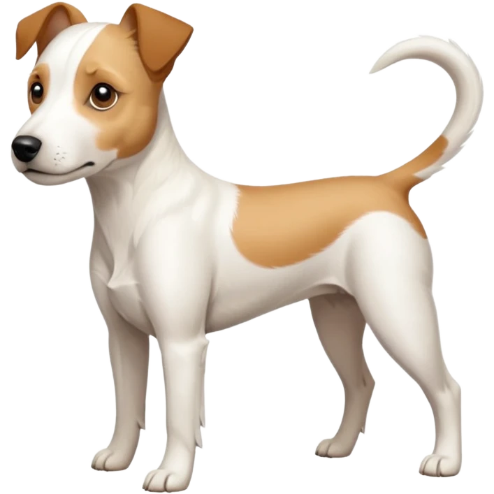 a full body facing front on of a buff white parson russell terrier looking dog the size of a kelpie with light brown long ears and a light brown patch on one eye and a large snout. the rest of the dog is completely white.  emoji