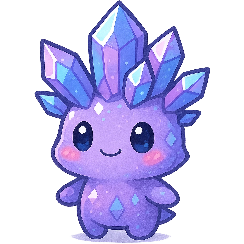 chibi kawaii style crystal sprite creature, mostly purple with blue and pink accents, cute and small emoji