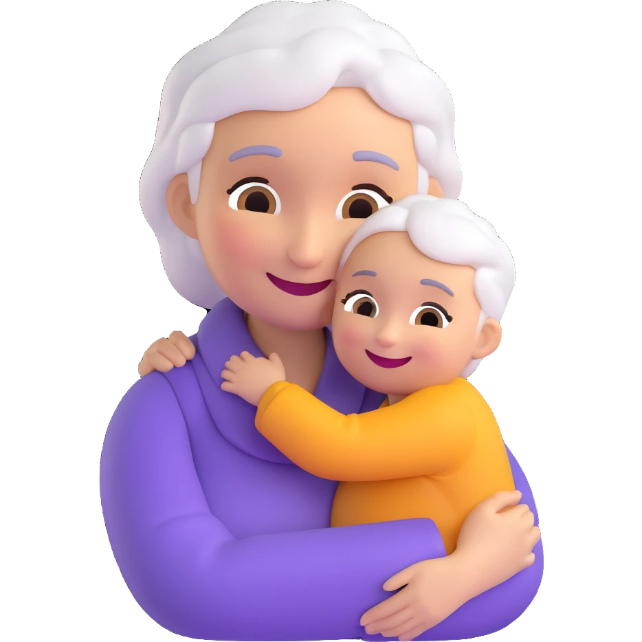 3D smiley emoji, round shape, grandmother hugging a grandchild, purple color, smiling face emoji