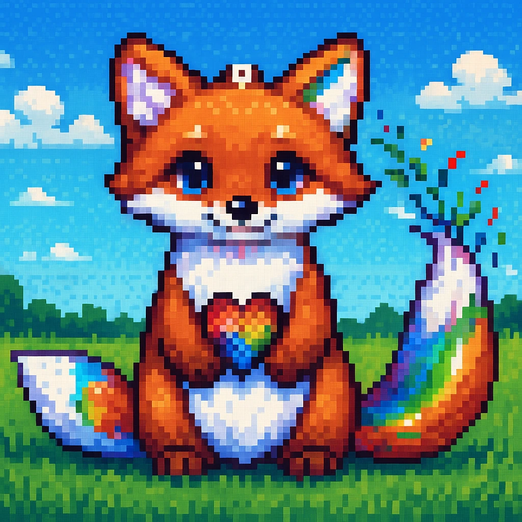 Add a pixel art outdoor background, such as a grassy field with a blue sky, to the cute fox with a rainbow. Maintain the pixel art style look. emoji