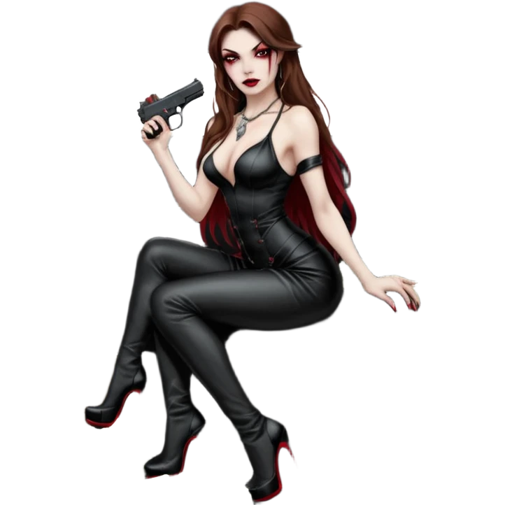 Lilith red eye seductress evil long brown haired sexy succubus woman with leather long seductive dress on, sitting in Big Large F350 pickup truck. Wearing super tall black platform high heels, Back seat full of stacks of cash, she is  Holding a human skull of her enemies and a gun in other hand emoji