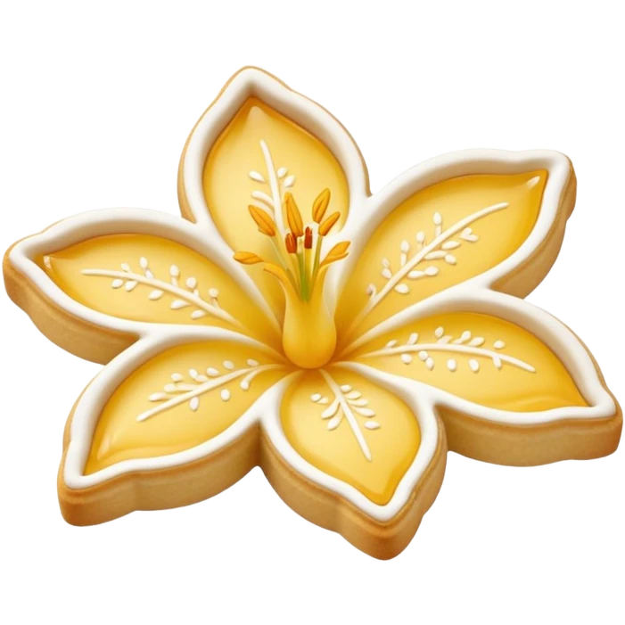 Realistic shortbread cookie in the shape of a lily flower with pastel yellow color jelly middle filling and sprinkled powder sugar on top. emoji