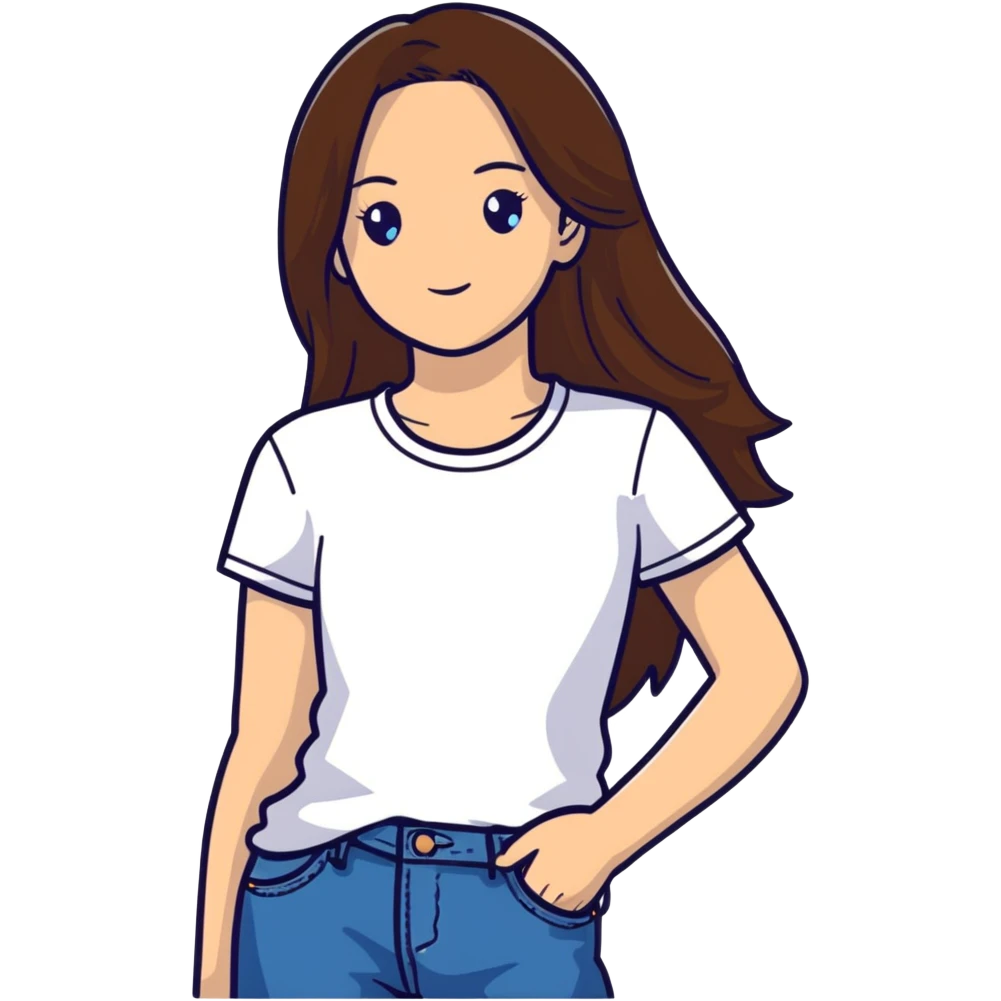 A 15 year old white girl with long, straight brown hair, a plain white t shirt, blue jeans, with brown eyes emoji