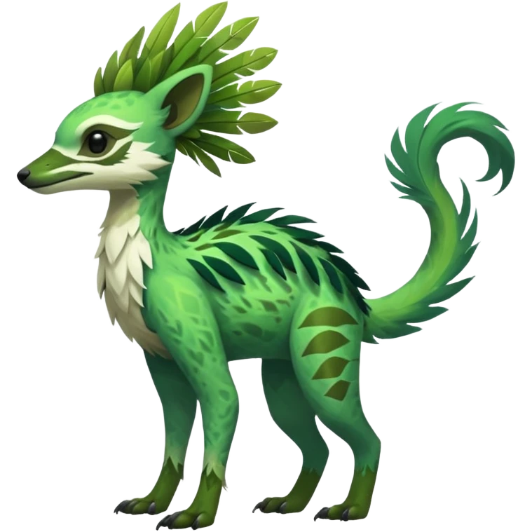 Tropical feathery shamanic cultural Greenish beautiful handsome gorgeous aesthetic colorful vibrant Vernid-Trico-species-Fakemon-creature by LiLaiRa, 4 legs, 1 tail, random markings, (full body) emoji