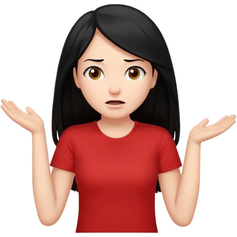 빨간색 티셔츠를 입고 긴 검정머리를 가진 여성이 모르겠다는 듯이 어깨를 올리고 고개를 살짝 왼쪽으로 틀고 왜?라는 제스처를 하고있음 🤷🏻‍♀️ emoji