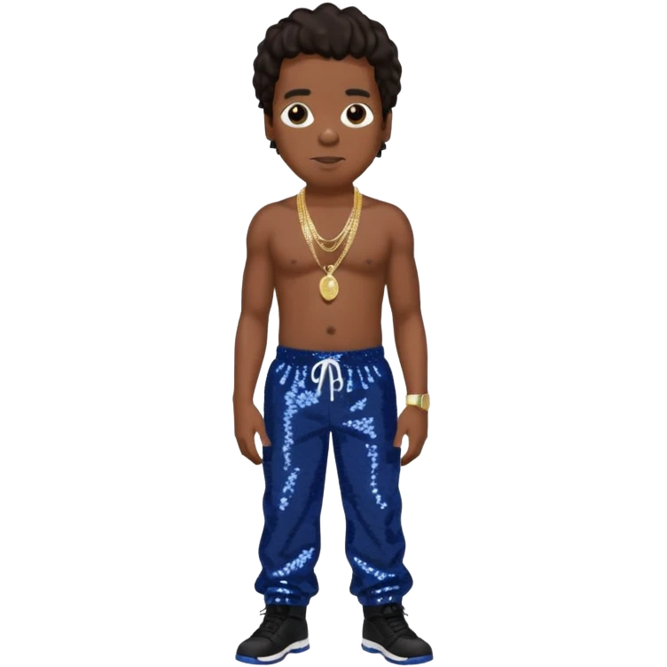 Jay-Z with dark brown hair, dark blue sequin baggy pants, shirtless with necklace  emoji