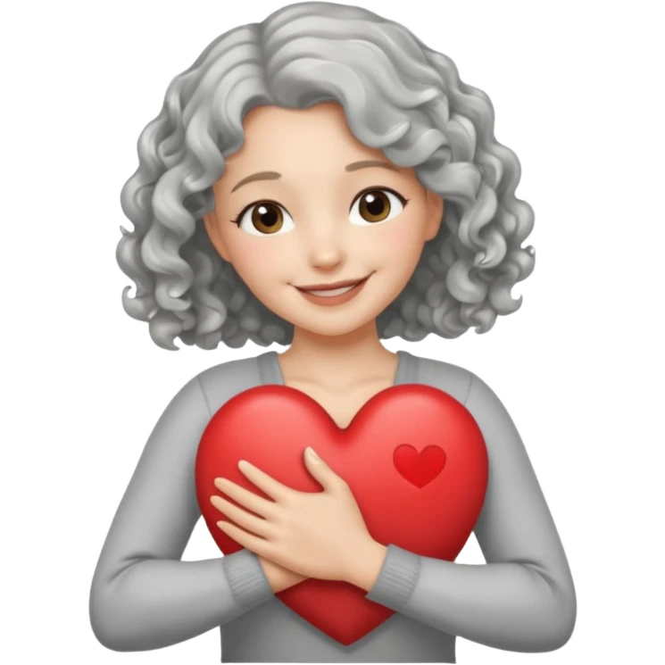 Silver hair, wavy/curly hair chin-length lady giving hug with 2 arms,  v-neck and smiling, add a heart emoji