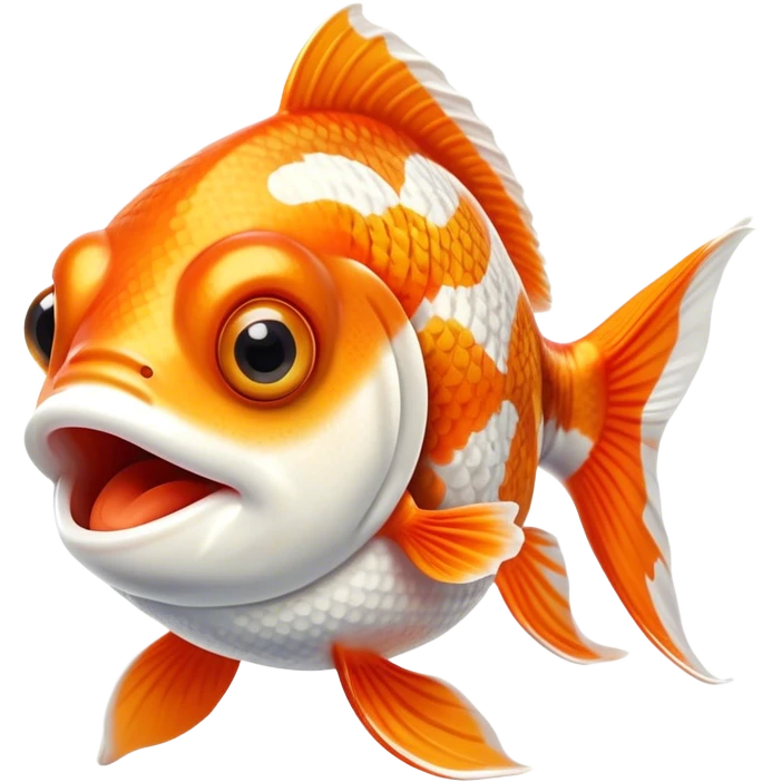 Cinematic Comical Orange and White Goldfish Portrait Emoji, Head tilted dramatically with an exaggeratedly amused expression, featuring a striking body with bold orange and white patterns, wide, expressive golden eyes filled with playful disbelief, Simplified yet hilariously expressive features, highly detailed, glowing with a slightly sassy glow, high shine, dramatic yet playful, stylized with an air of cheeky mischief, bright and endearing, soft glowing outline, capturing the essence of a spirited and over-the-top goldfish, so meme-worthy it feels like it could side-eye its way into internet fame instantly! emoji