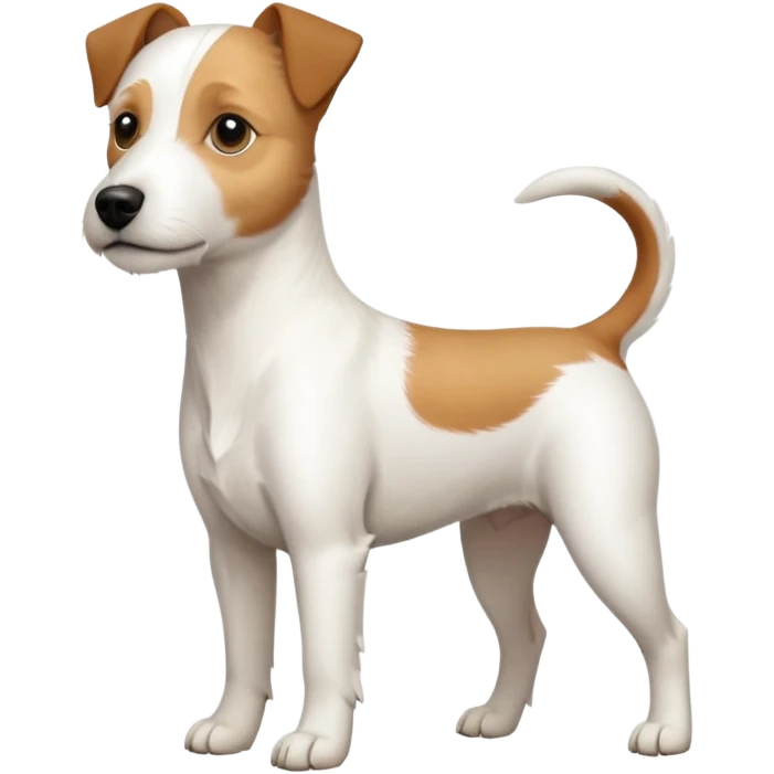a full body slightly chubby white parson russell terrier looking dog the size of a kelpie with light brown long ears and a light brown patch on one eye and a large snout. the rest of the dog is completely white emoji