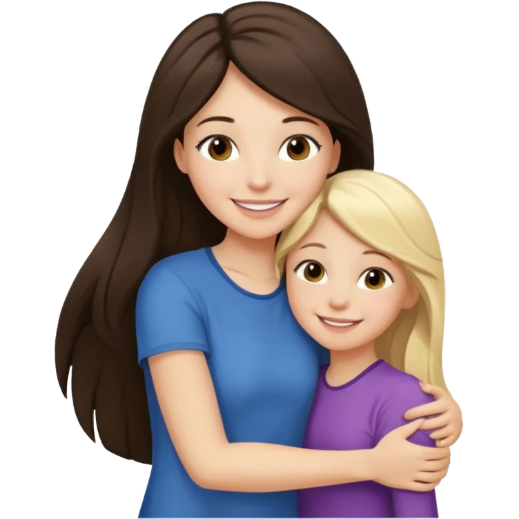 A beautiful mother with long dark brown hair hugging her cute 12yr old blonde hair daughter super happy emoji