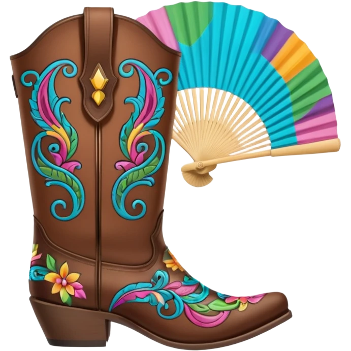 Cowboy boots in front of an open hand held fan emoji