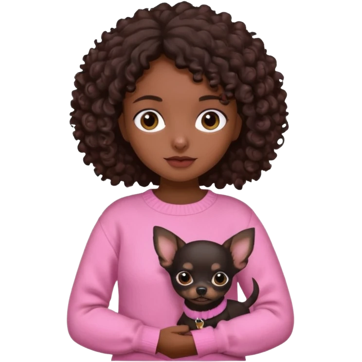 Girl with dark brown curly hair and brown eyes in a pink sweater holding a black chihuahua emoji