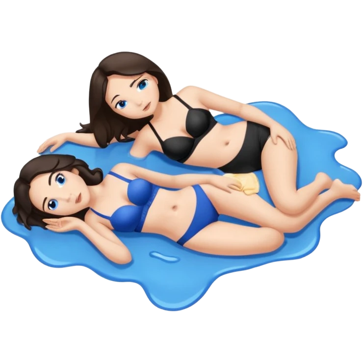 TWO only TWO white brunette women lying down full body melting into each other. one is wearing a blue bra and one is wearing a black bra. emoji