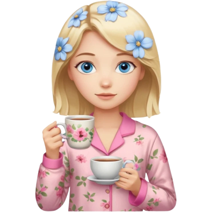 Blue eyed girl with middle length blond hair in floral beige pijamas is holding a pink cup of tea emoji