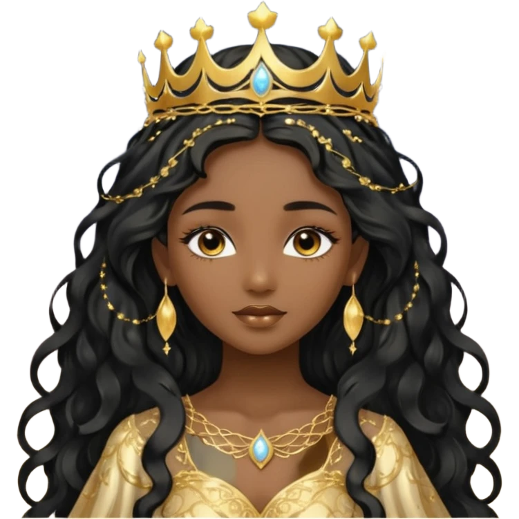 a black beautiful angel with gold pattern on her face and and long wavy black hair, she wears a ethereal crown with sparkling strings and a beautiful sparkling golden gown with moon crest in the middle of the gown, her face calm, gentle and kind, magical aura around her emoji