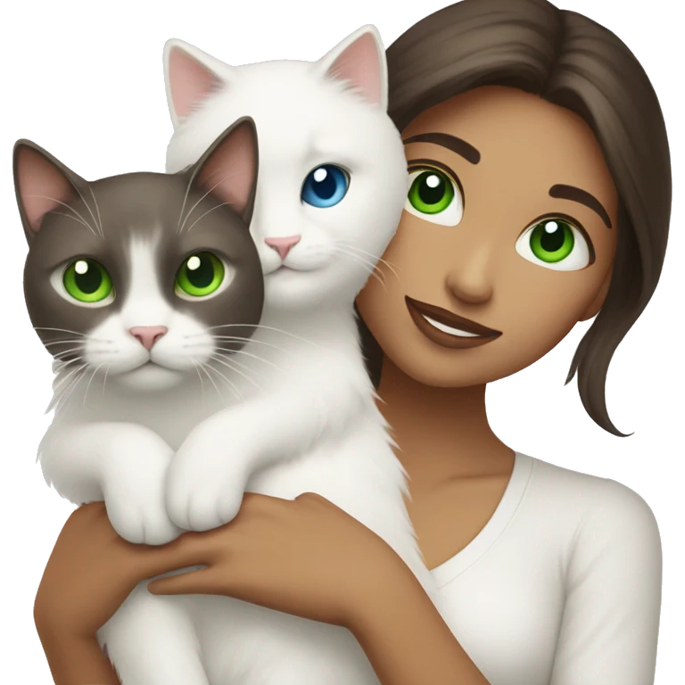 brunette with green eyes holds a white fluffy cat with blue eyes emoji