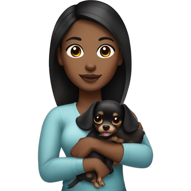 A curvy African American woman with dark skin and straightened black hair holding a black and brown chihuahua  emoji
