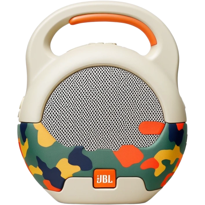 Highly minimalist JBL Clip 4 portable speaker, abstract shape with simplified camo spots, iOS emoji style emoji