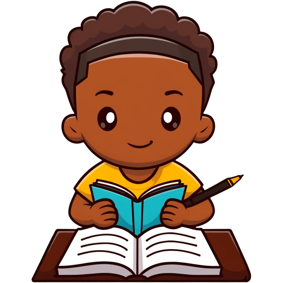 African boy student with brown skin writing with book and pen emoji