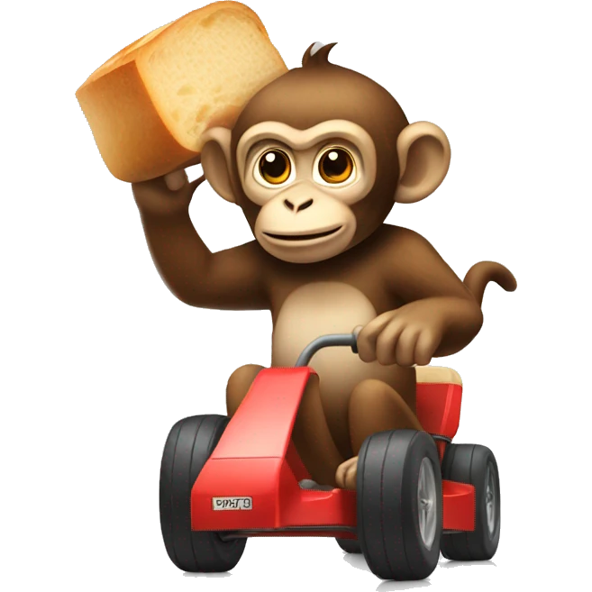 monkey driving a go cart with bread on its head emoji