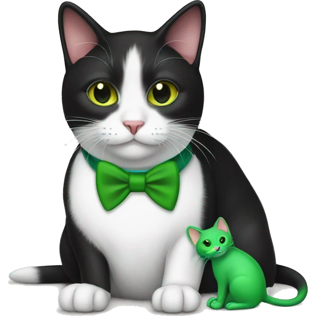 Tuxedo cat with green mouse toy emoji