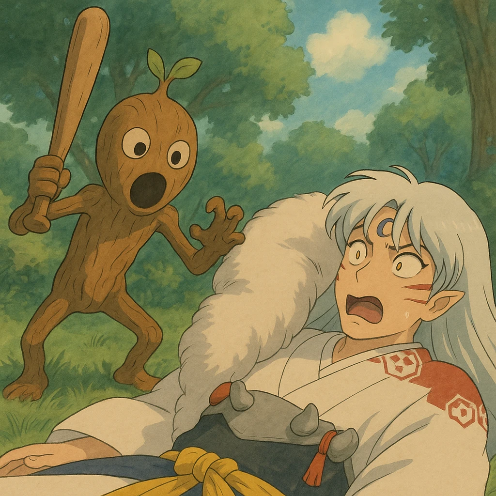 Wooden creature holding a baseball bat and scaring sesshomaru While he is sleeping We are shocked emoji