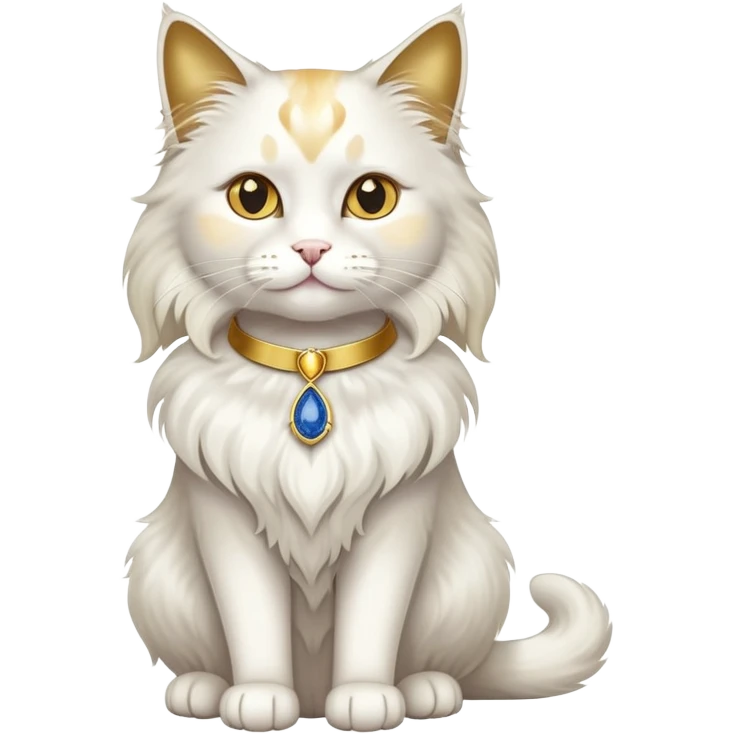 Fancy white fluffy long-haired sophisticated elegant sitting pet cat with a gold-sapphire collar (full body)  emoji