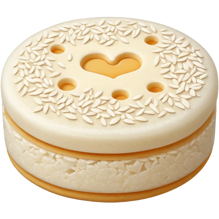 single round rice cake with light puffed texture, pale off-white color, speckled with tiny grains and air pockets, slightly uneven matte surface, crisp edges, delicate crunchy appearance, no packaging, no toppings, no extras, soft lighting, subtle shadows, emoji scale emoji