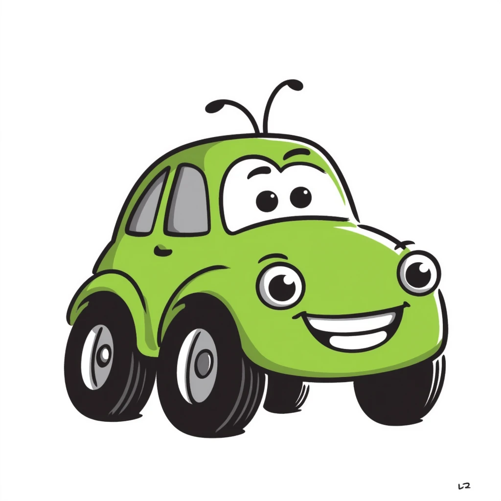 A hand-drawn green toy car with a silly grinning face and googly eyes emoji
