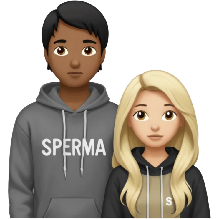 I want it to be this emote 🙍‍♂️
of a guy with black hair and a black sweatshirt with the word "sperma" written in white in the middle. Behind him, there's a pretty blonde with long hair, pulling the string on the first person's hoodie. The girl is wearing a gray sweatshirt. emoji