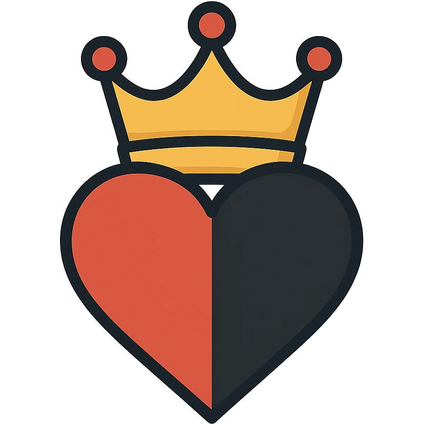 flat toon style heart 75% red and 25% black with a queen's crown on top emoji
