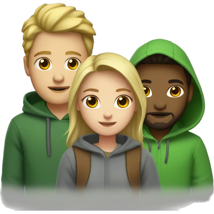 two girls and one guy. one of the girls is a blonde in a green sweater, the other has brown hair and wear gray hoodie, in the middle is a guy with dark hair and a beard emoji