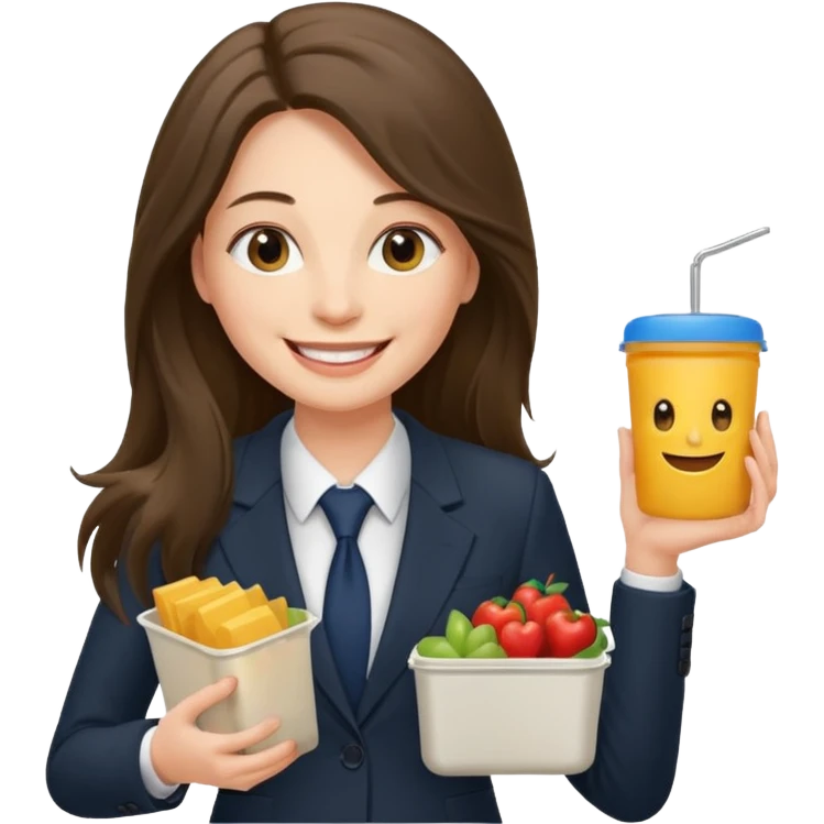long haired woman with suit holding food container emoji