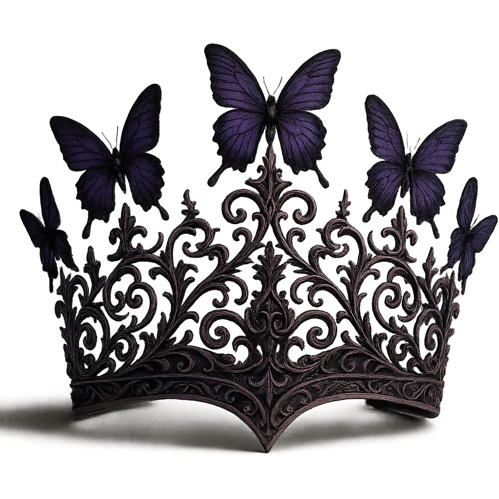 mysterious and elegant butterfly crown, matte pink with purple butterflies, gothic filigree, transparent background emoji