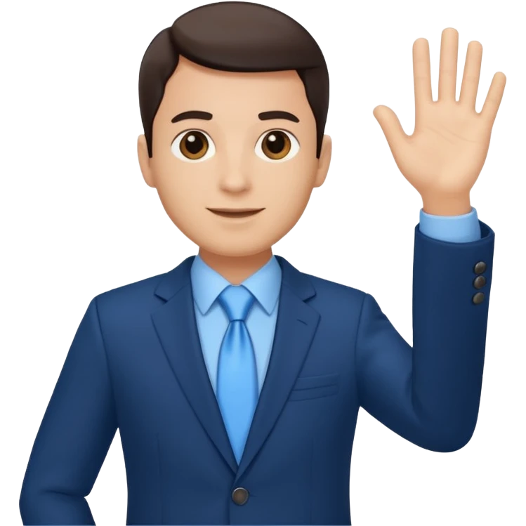 Make emoji of me in a dark blue business suit and light blue shirt waiving to new clients emoji