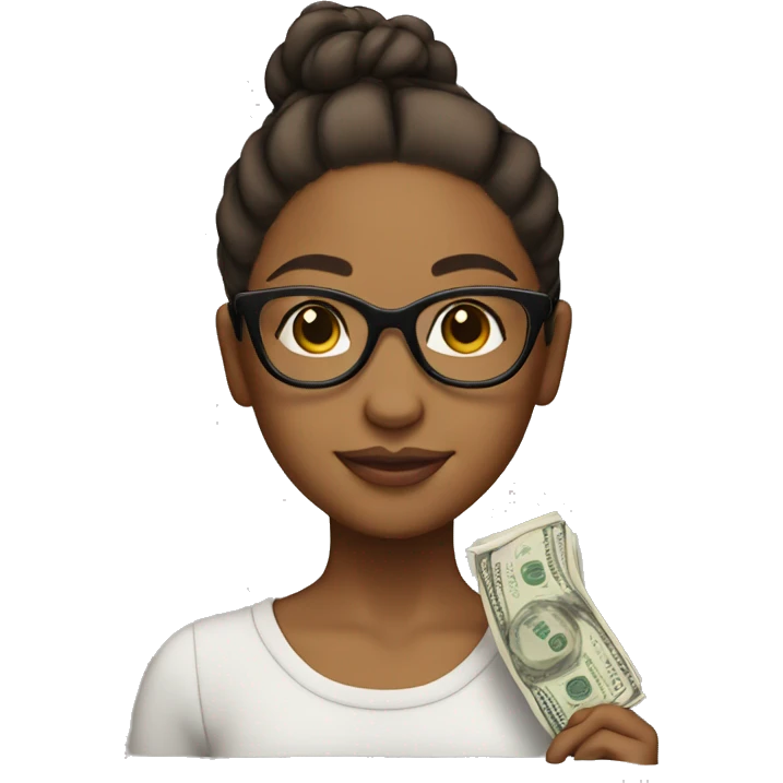 Brown girl holding money with glasses on and her hair in a bun emoji