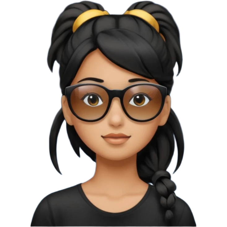 An Emoji of girl with black ponytail hair, who can be described by three words: sun, moo, star emoji