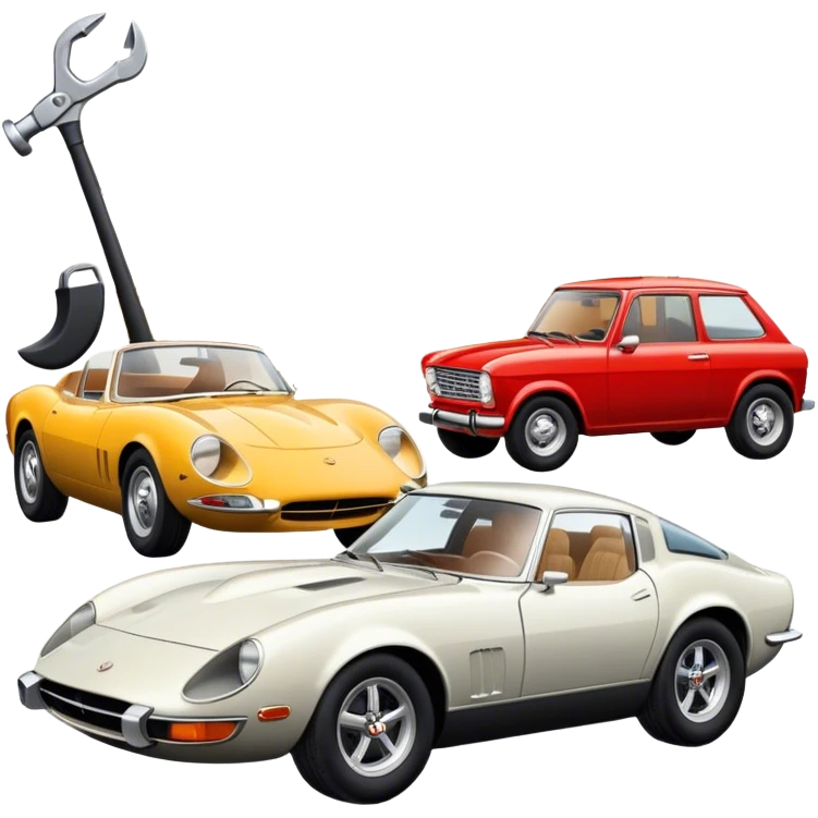 Collage emoji symbolizing a passion for cars: a sleek sports car, a vintage classic car, and an off-road SUV. The background features a cozy garage with tools, car posters, and warm lighting, emphasizing a home hobby atmosphere. Transparent background. emoji