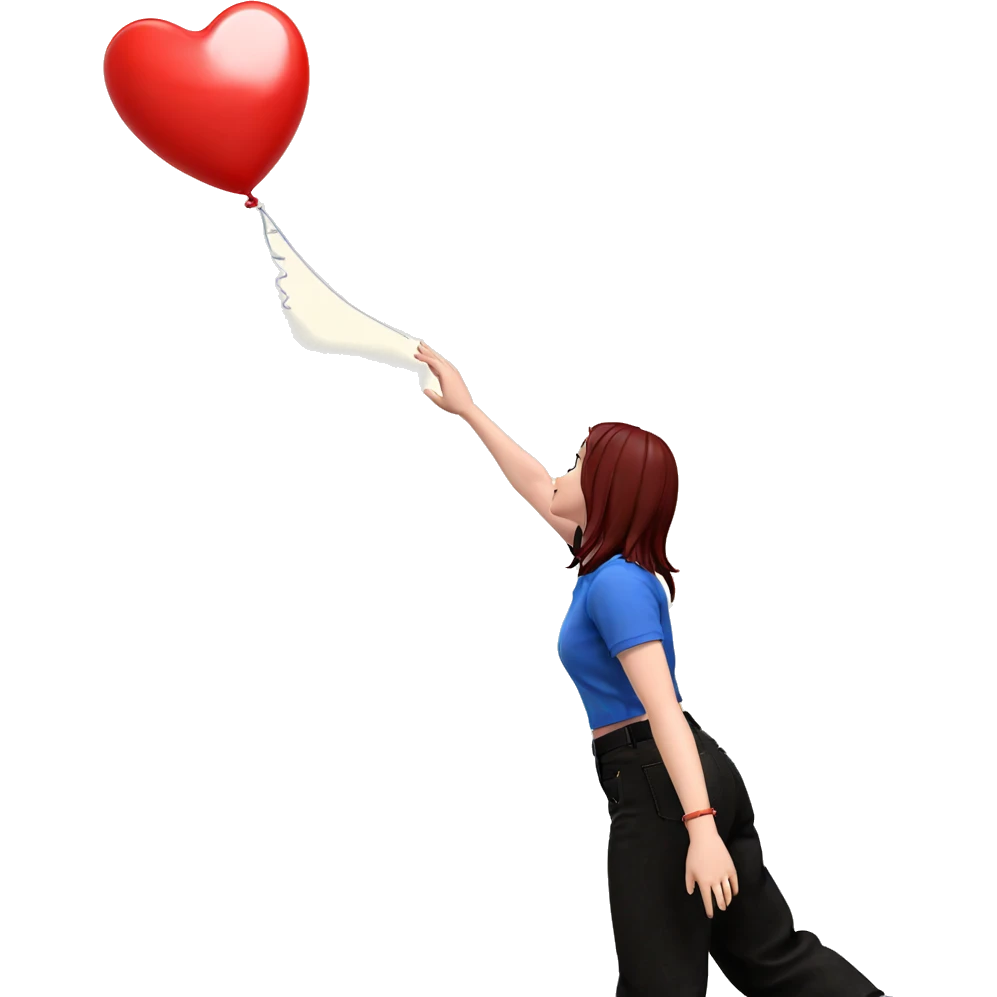 girl reaching for heart balloon emoji