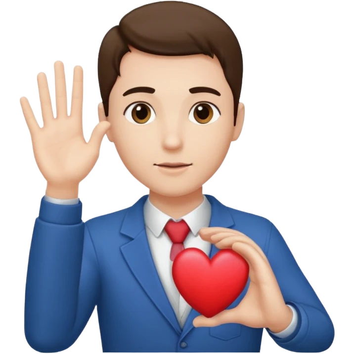 A man raising his hand, with a heart the size of his chest in front of him. The heart is the same color as the woman’s skin, and her head is positioned to hide the tip of the heart. emoji