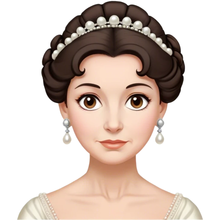 middle-old age lady with dark brown hair, styled in an elegant Regency-era updo, Soft brown eyes, kind but firm gaze, Wears delicate pearl earrings, emoji