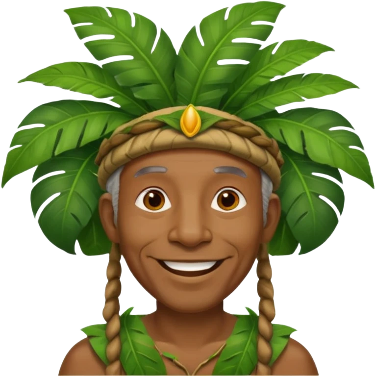 a old black man with jungle wearing a large leaf headgear bye  emoji