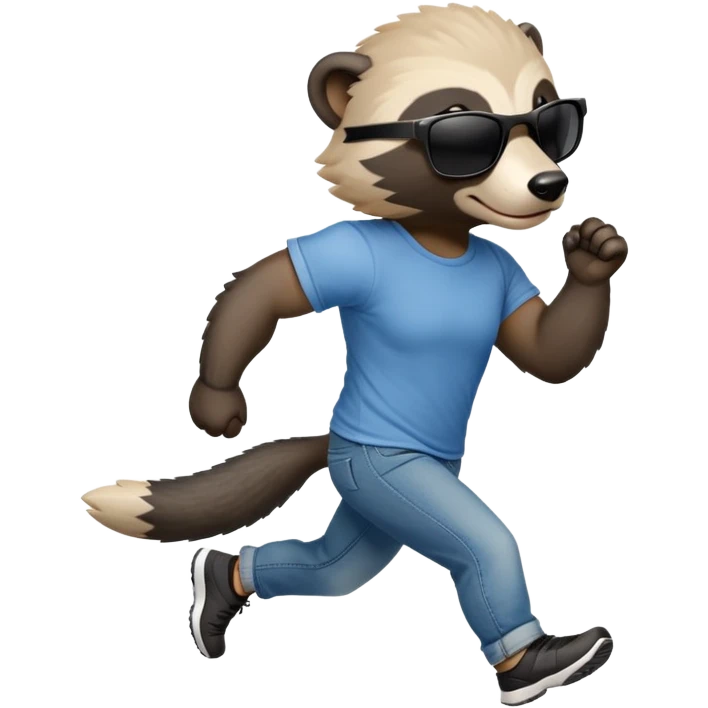 friendly anthropomorphised honey badger in jeans and a t-shirt, wearing sunglasses, jogging upright, relaxed pose emoji