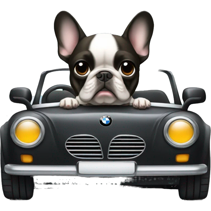 French Bulldog driving a black convertible BMW emoji
