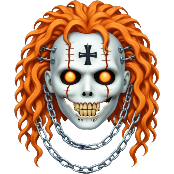 Megadeth - pinhead Hellraiser corpse made of rusty metal with chains on its teeth, huge curly orange hair emoji