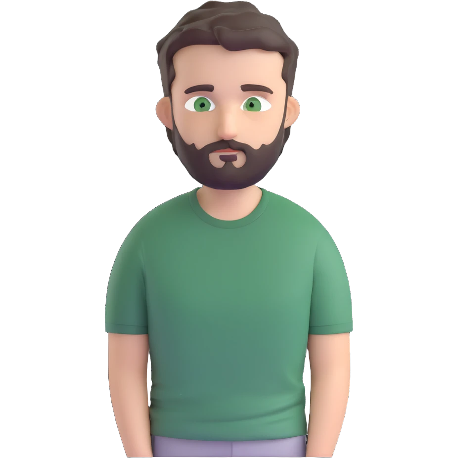 white man with dark messy short hair, dark green eyes, gray t-shirt, and short beard emoji