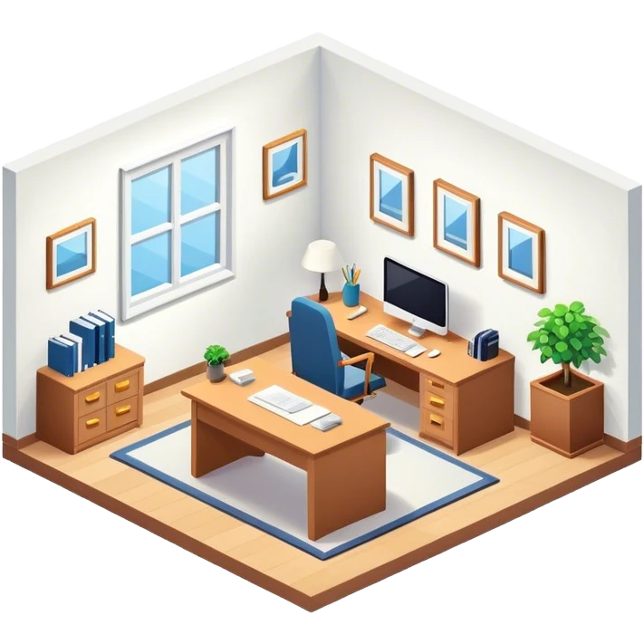 An isometric 3D room with two white walls that meet at the back left and right. Home Office Room emoji